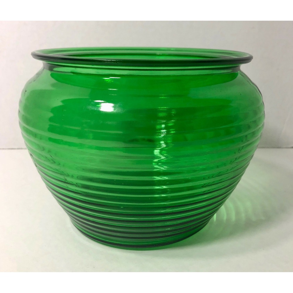VTG National Potteries Tobacco Bowl Vase Cachepot Emerald Green Ribbed Glass